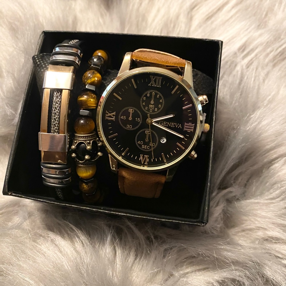 Brown Men’s Watch and Bracelet Set